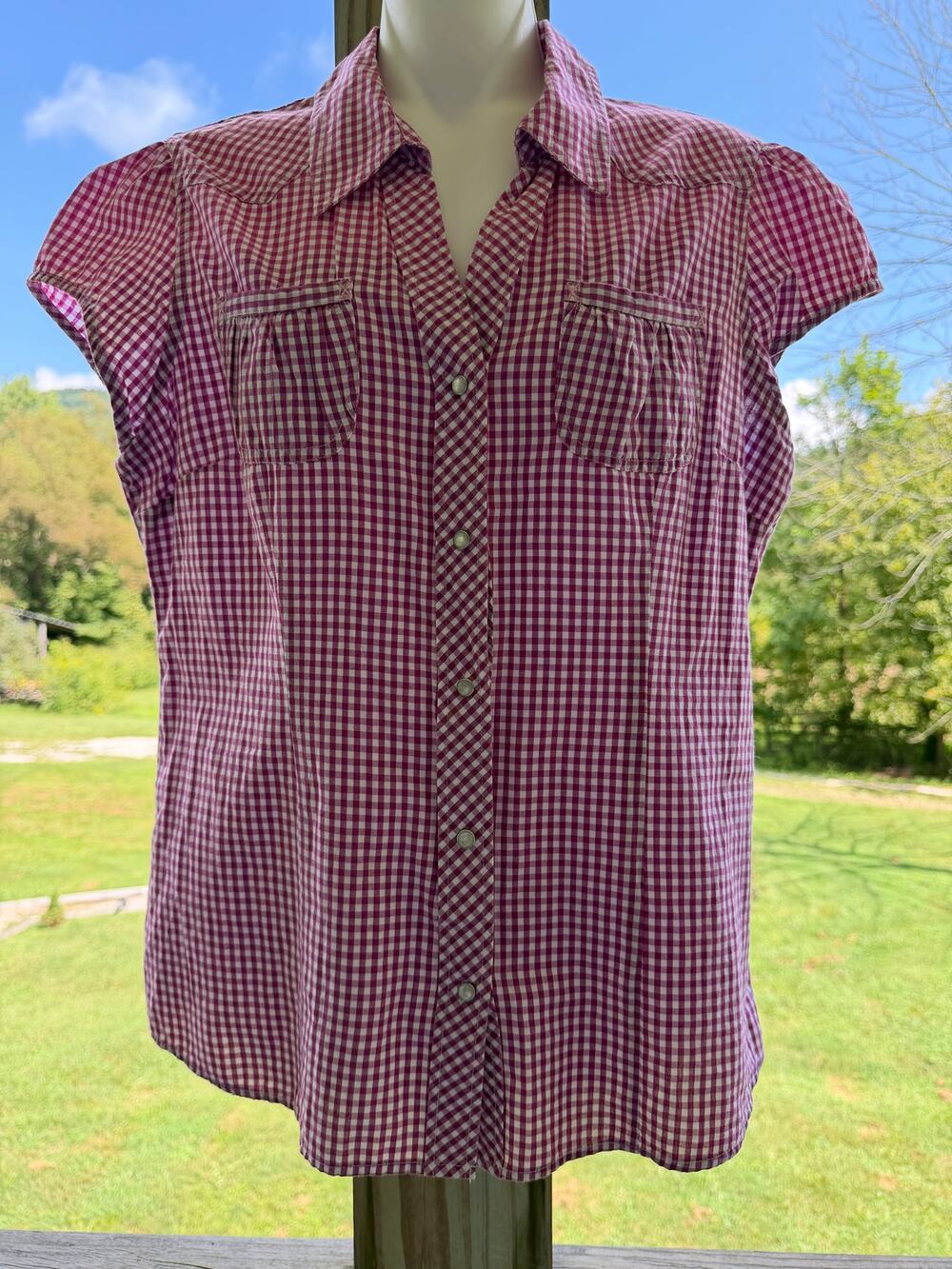 Arizona Jean Co Magenta Gingham Pearl Snap 100%Cotton Shirt L Cowgirl Western
